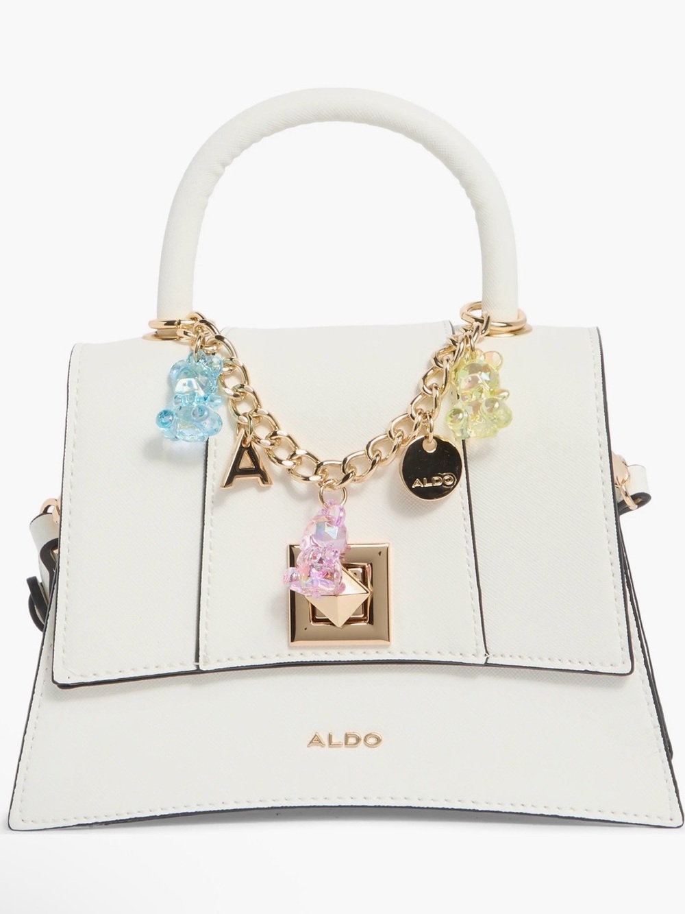 ALDO White Satchel with Pastel Bear Charm Chain NWT